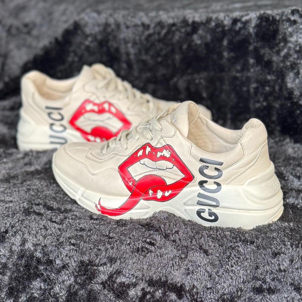 Gucci Men Leather Rython Dirty mouth Sneakers Ivory Size 10.5 US. 552089 - Picture 2 of 13